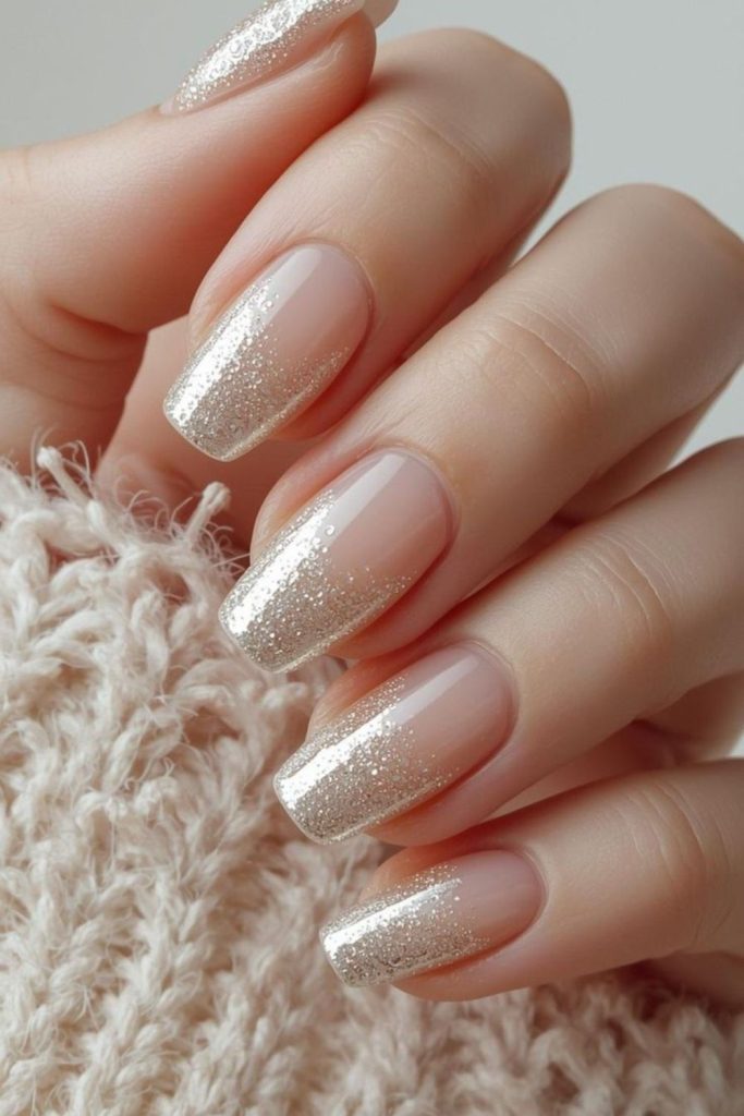 Nude crown-inspired graduation nails sparkle.