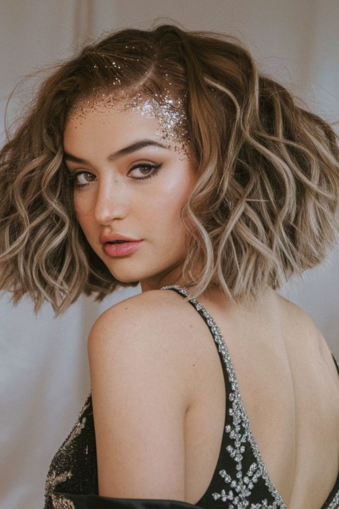 Luminous curly hairstyle with glowing airy halo effect.