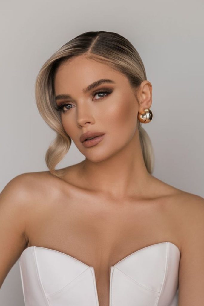 Icy silver swoop hairstyle with glossy sharp clean modern flow