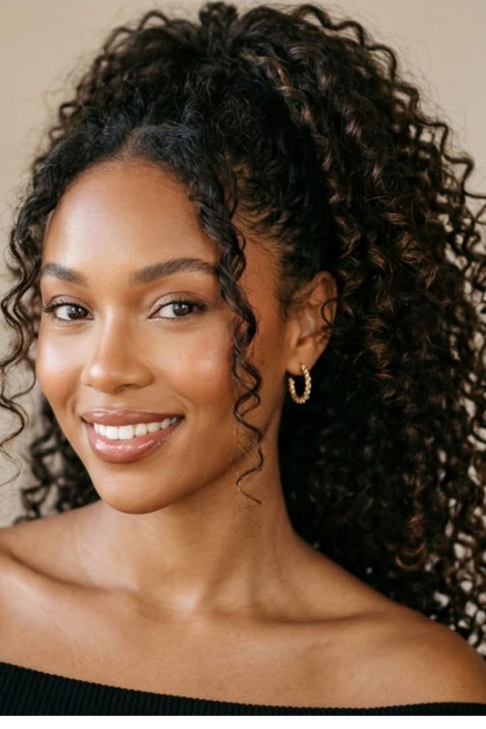 Curly ponytail high defined bouncy volume style