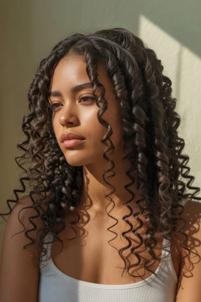 Layered indigo halo twist curl style