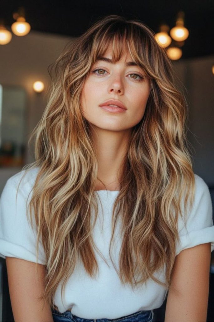 Caramel brown frosty blonde layers.