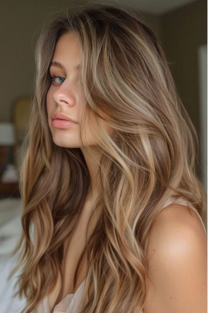 Dusty honey blonde over brunette strands.