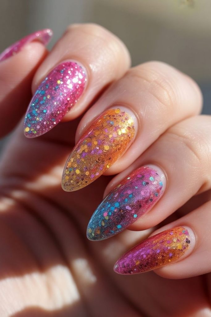 Colorful glitter party baddie nails.