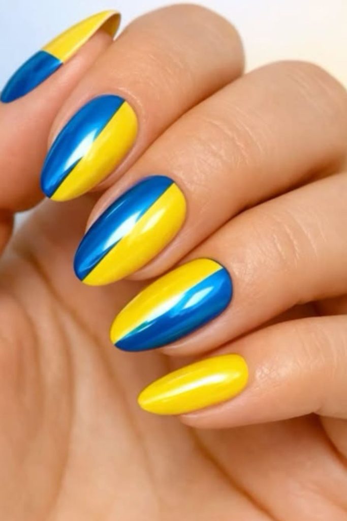 Split blue yellow nails bold contrast style.