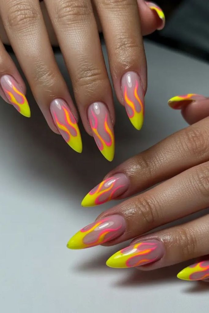 Flame tip neon nail design