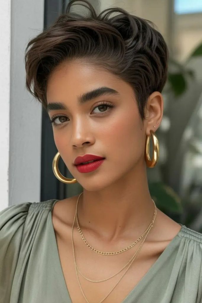 Short ember toned pixie cut with airy textured crown layers and soft fiery glow.