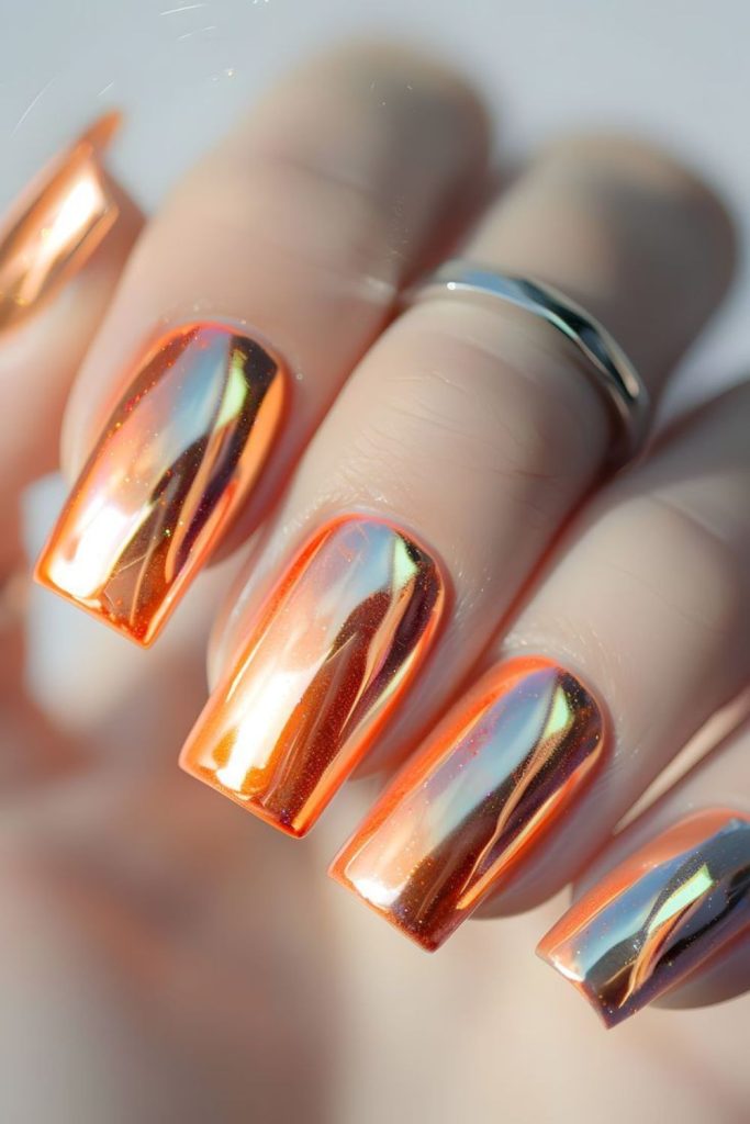 Fiery orange chrome nail design