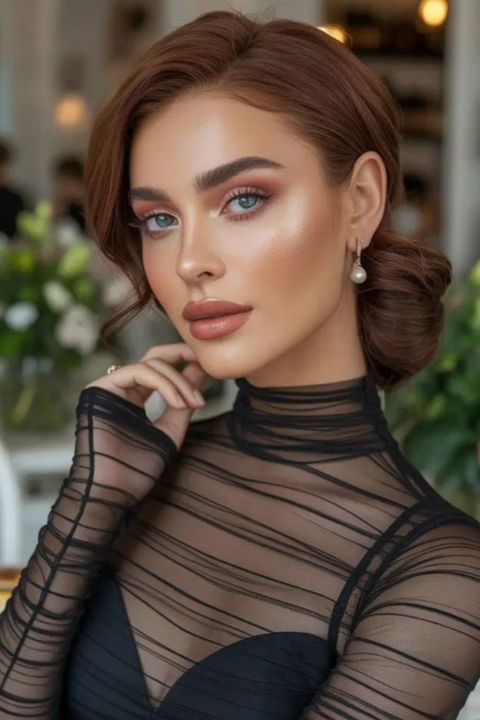 Deep brown swoop hairstyle with smooth rich flowing side strands