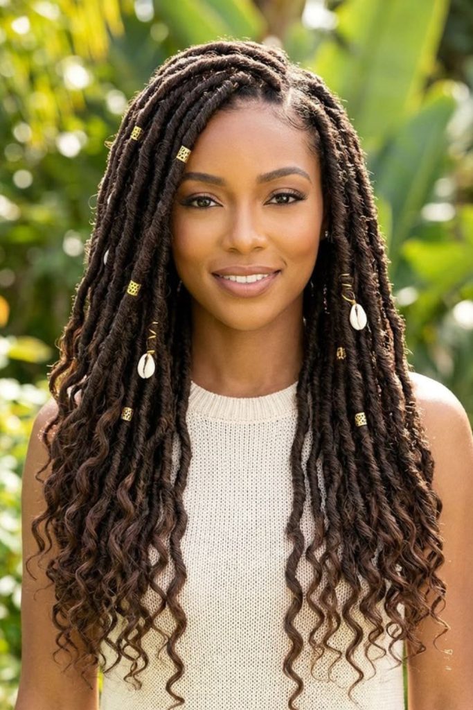 Faux loc crochet hairstyle regal stacked look.