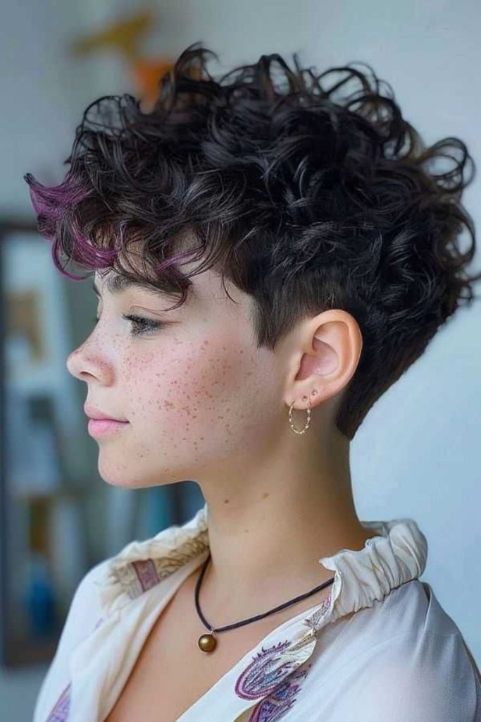 Feather light coil pixie hairstyle