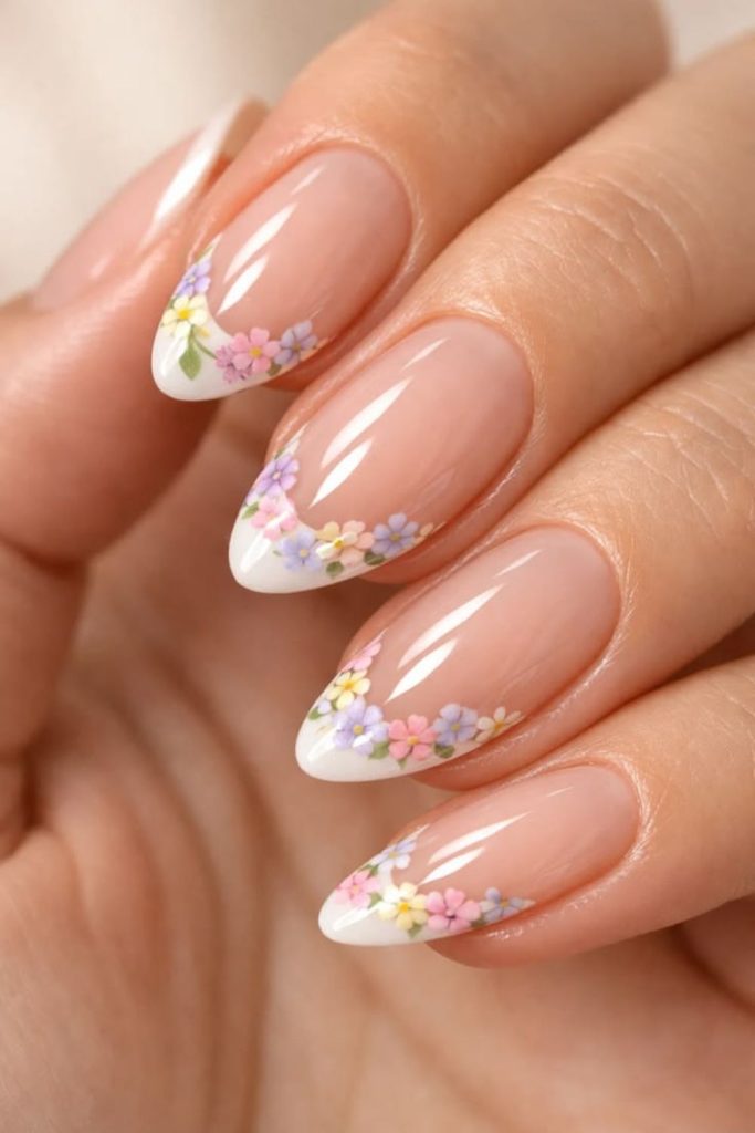 Floral pastel graduation nails on nude.