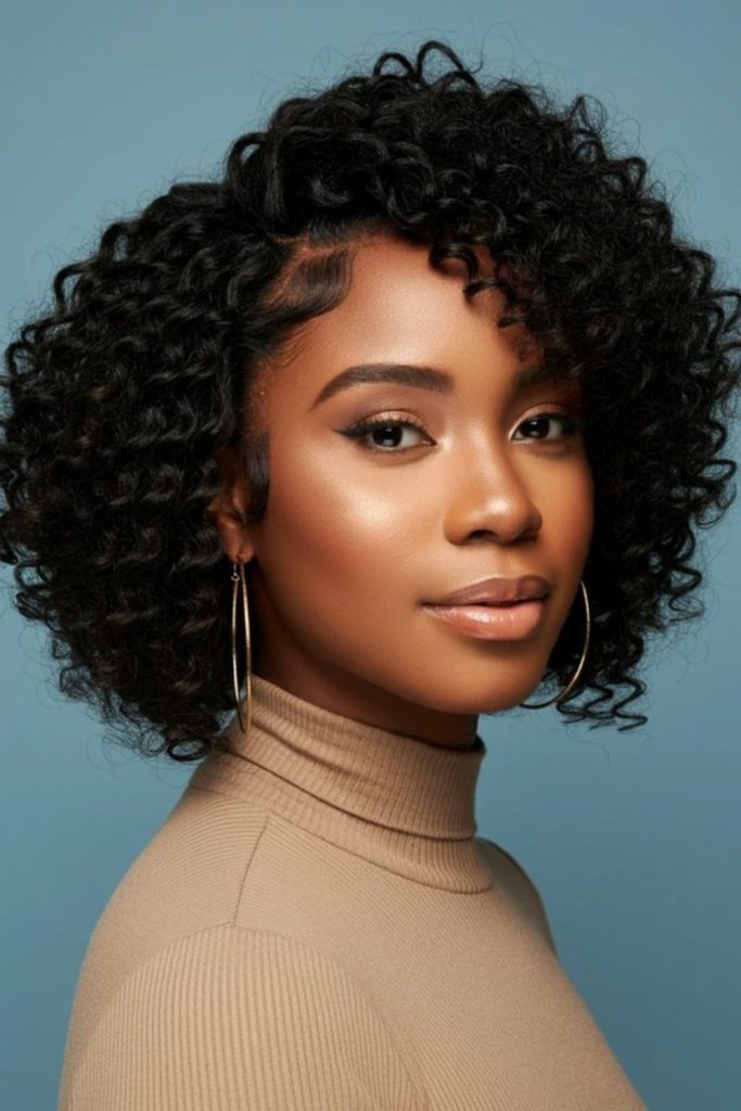 Curly bob with fringe soft youthful look