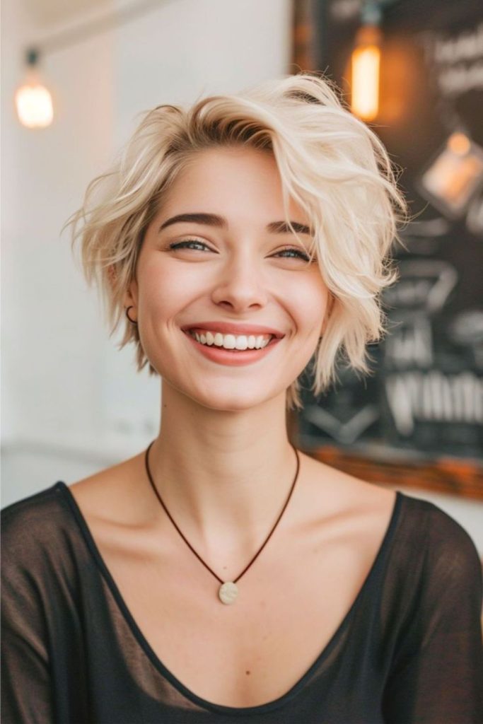 Feathered frosted long pixie cut.
