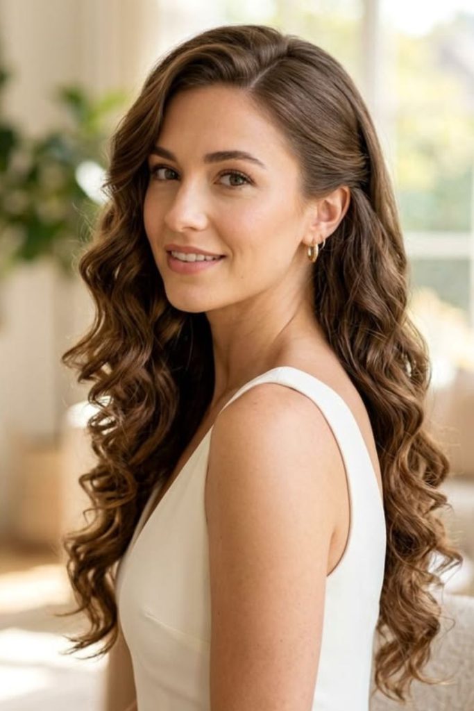 Side swept formal spiral curls.