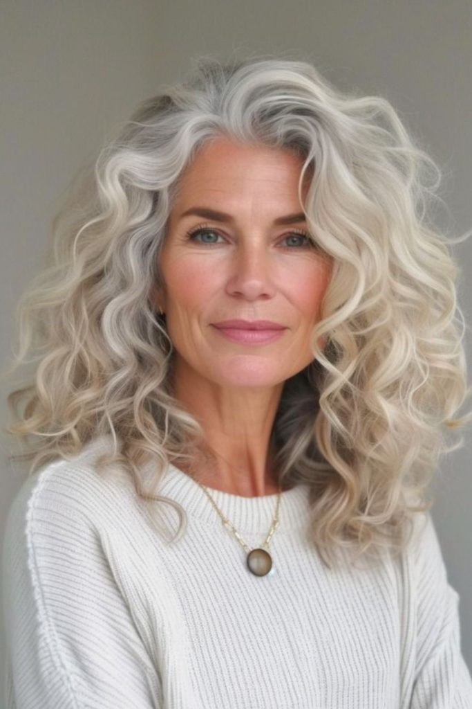 Cool toned soft curly hairstyle with airy finish.
