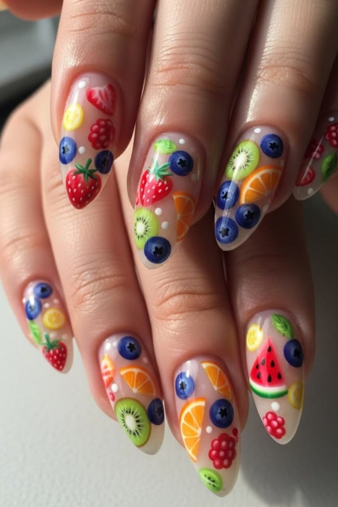 Mixed fruit basket nail design.
