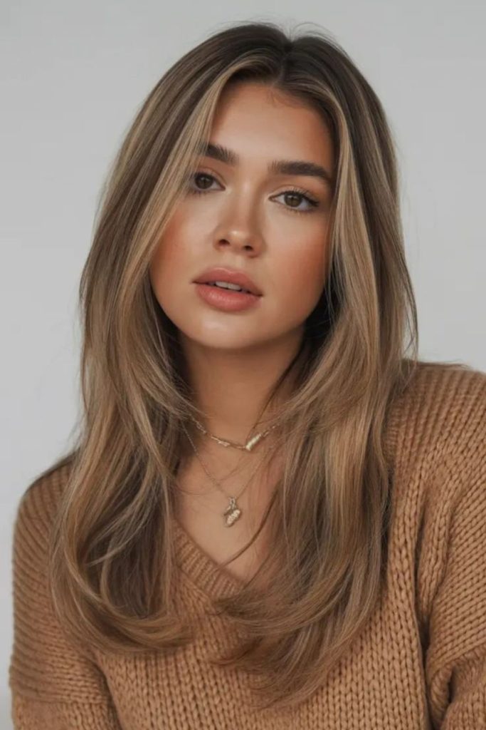 Wheat blonde highlights on brunette layers.