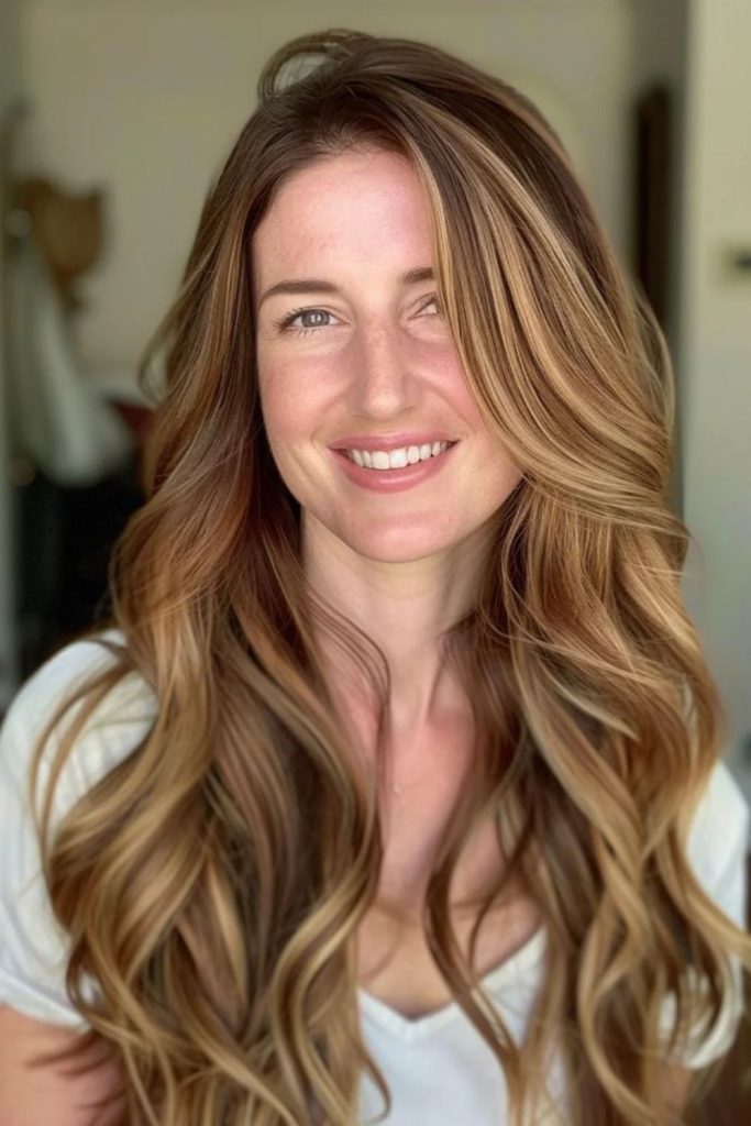 Golden blonde streaks through cinnamon hair.