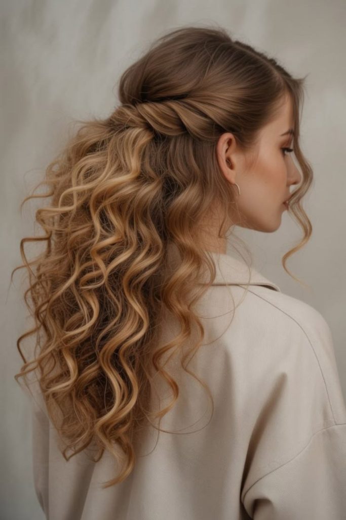 Golden twisted elegant curly hairstyle.