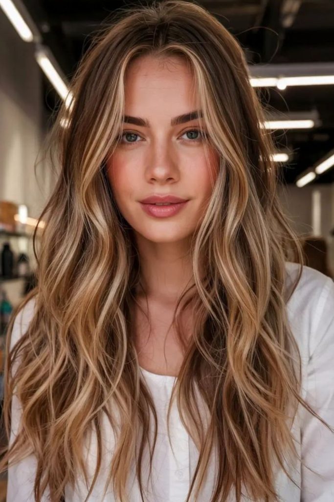 Golden blonde streaks on chocolate hair.