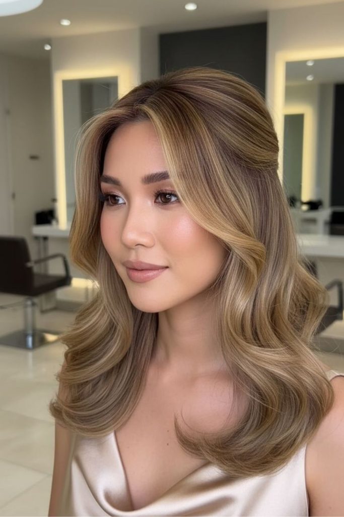 Golden swoop hairstyle with curtain like soft luxurious face framing