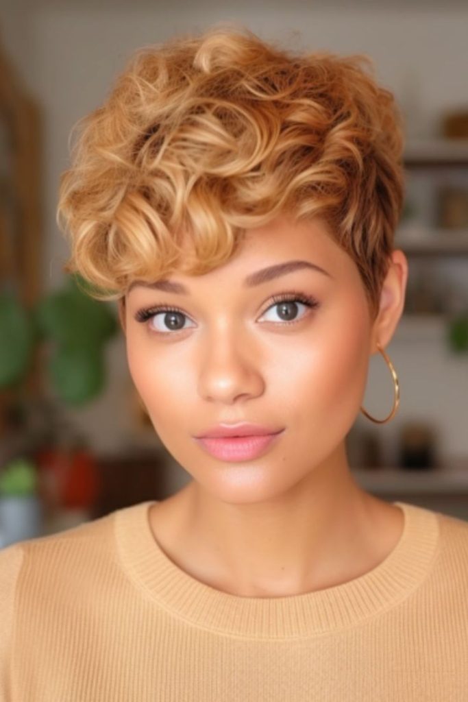 Golden silk flicked pixie hairstyle