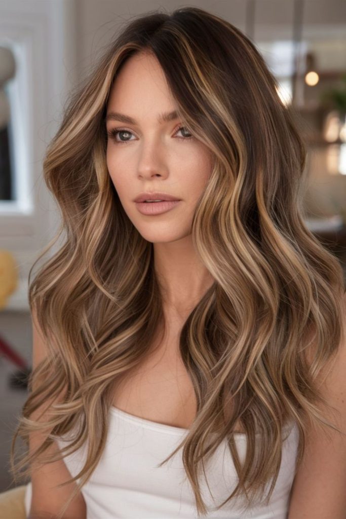 Golden toffee highlights on brunette locks.