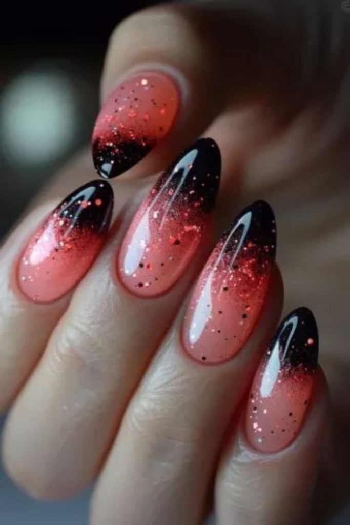 Black coral gradient goth nails design