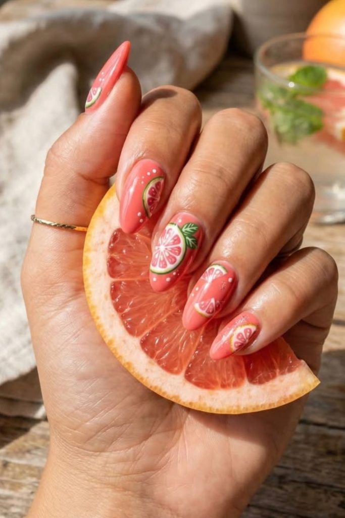 Grapefruit slice glossy pink nails.
