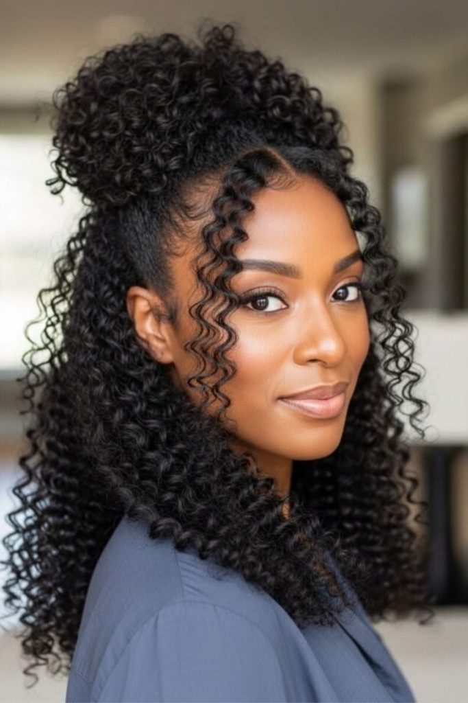 Half up crochet curls crown style.