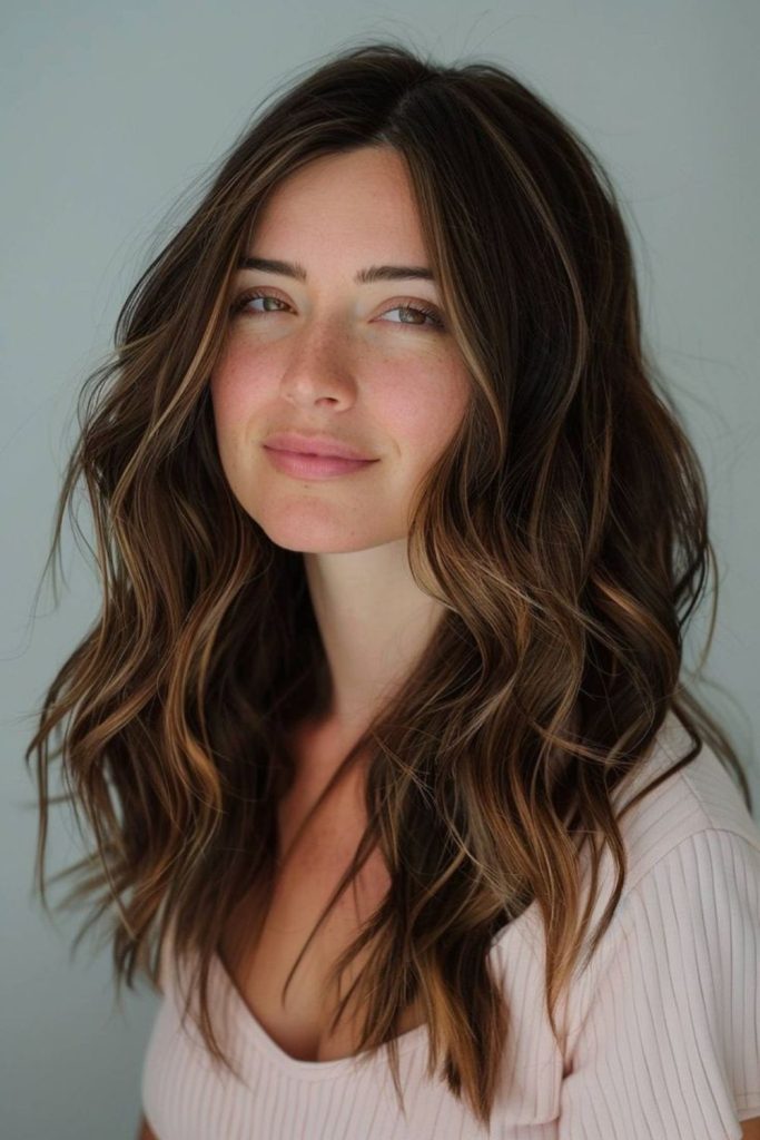 Hazelnut brunette layered highlighted hair.