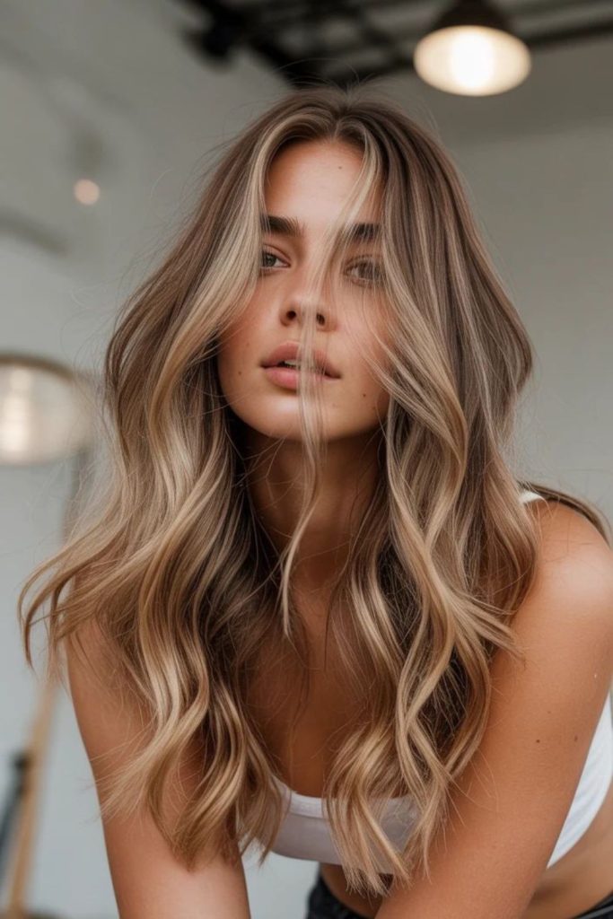 Honey blonde brown flowing waves.