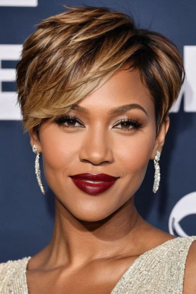 Honey blonde pixie cut with soft feathered layers and warm glow.