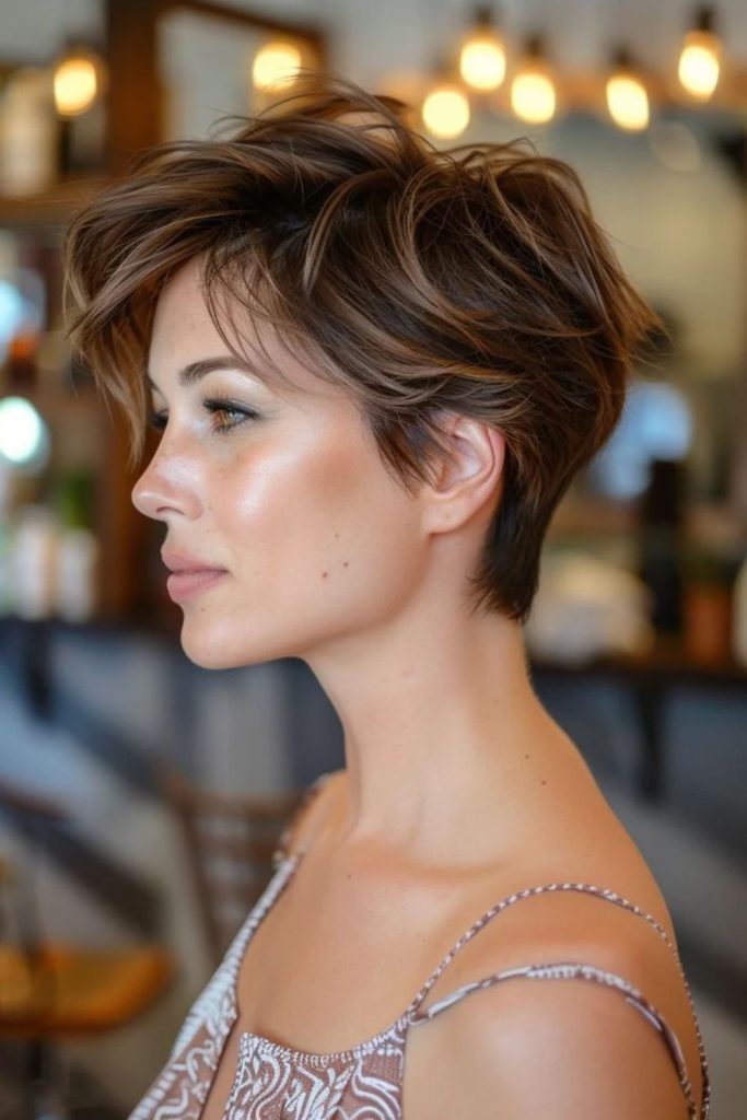 Honey-toned layered pixie hairstyle.