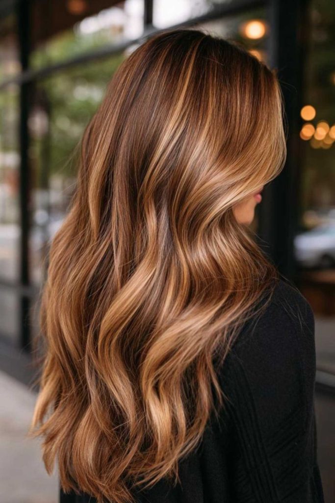 Warm honey blonde on brown hair.