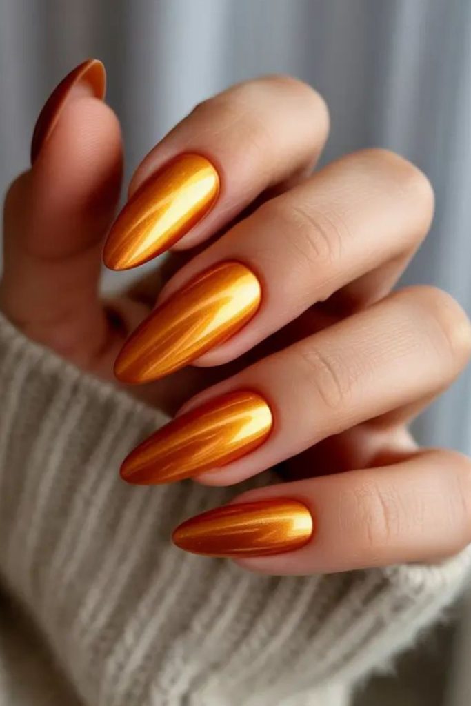 warm golden honey chrome nails