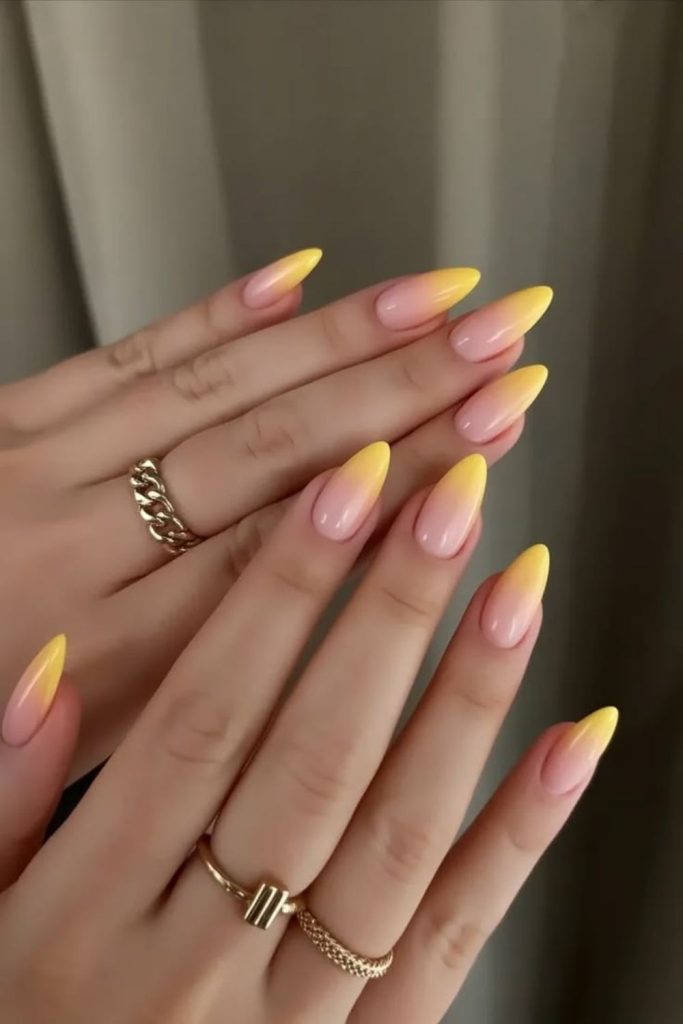 Soft honey lemon fade nails with velvety smooth warm pastel citrus blend.