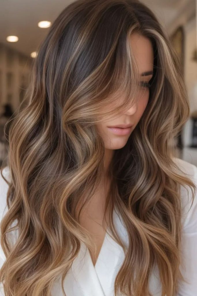 Honey blonde smoky brown waves.