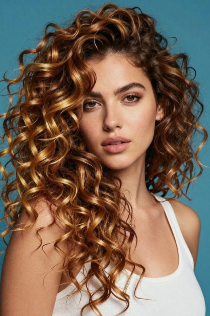 Warm curly hairstyle with soft sweet shine.