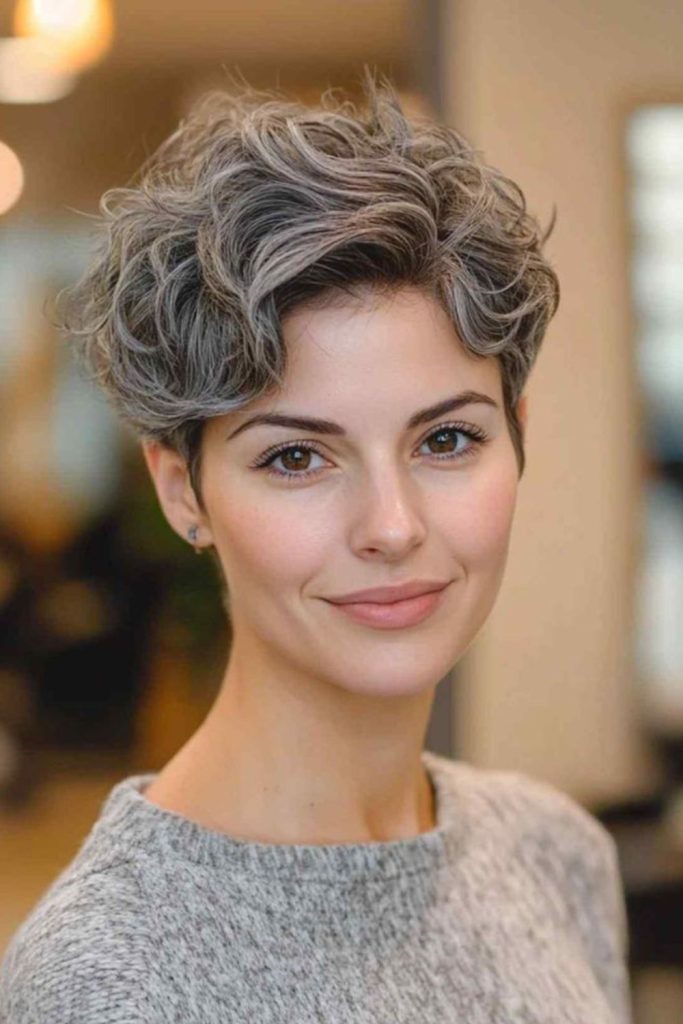 Cool misty short curly pixie style