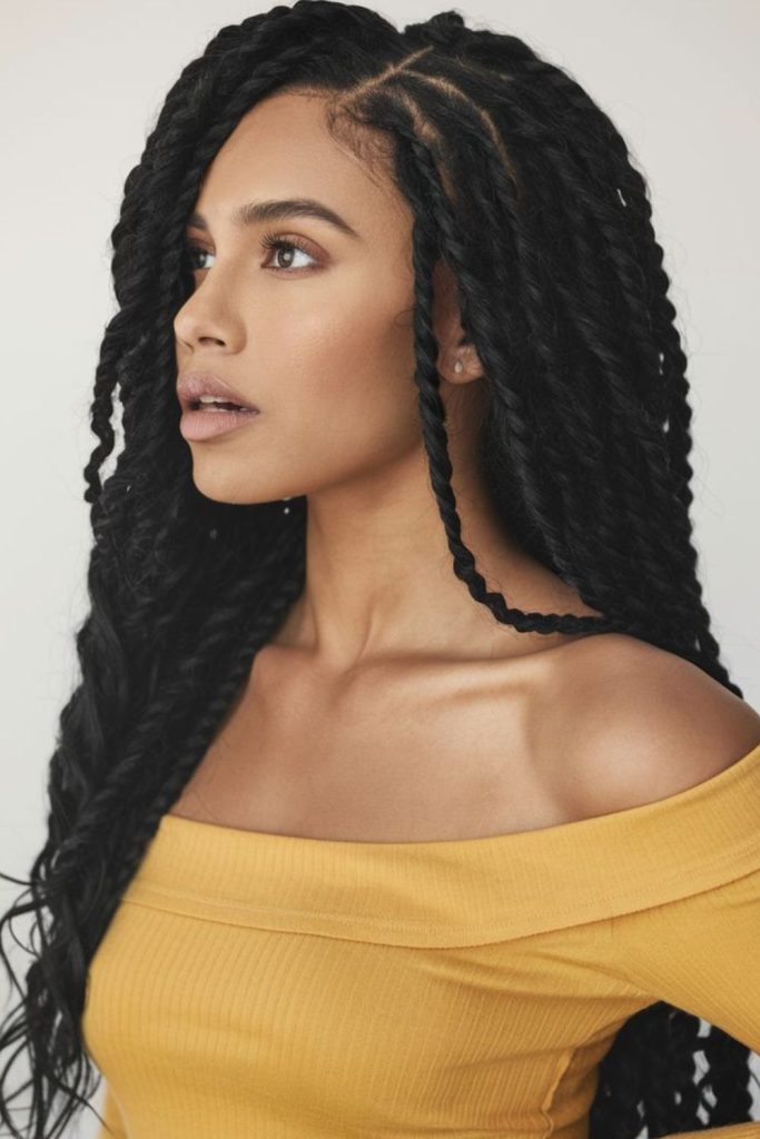 Jet black crochet twists sleek finish.