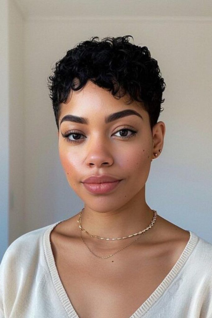 Gloss black pixie haircut with sharp layers and illusion like shine.