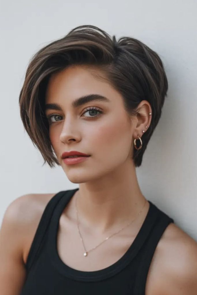 Short pixie swoop hairstyle with bold sharp modern fringe sweep