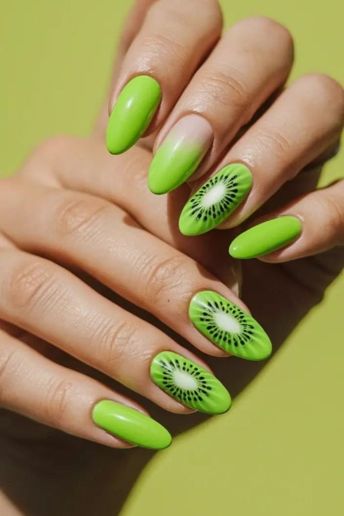 Kiwi fruit inspired green nails.