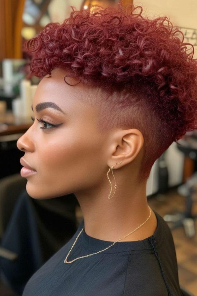Fiery red pixie hairstyle with molten tones and intense textured volume.