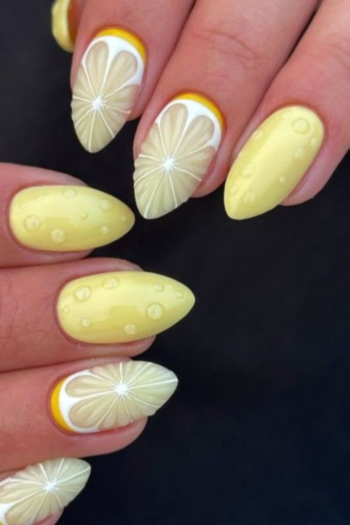 Bubble lemon nails with glossy 3D pop effect fun fizzy aesthetic vibe.