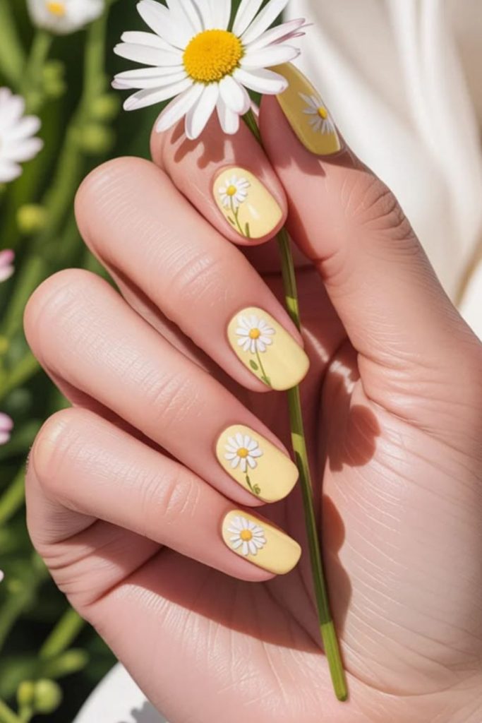 Lemon nails with daisy floral accents fresh garden inspired sunny nail art.