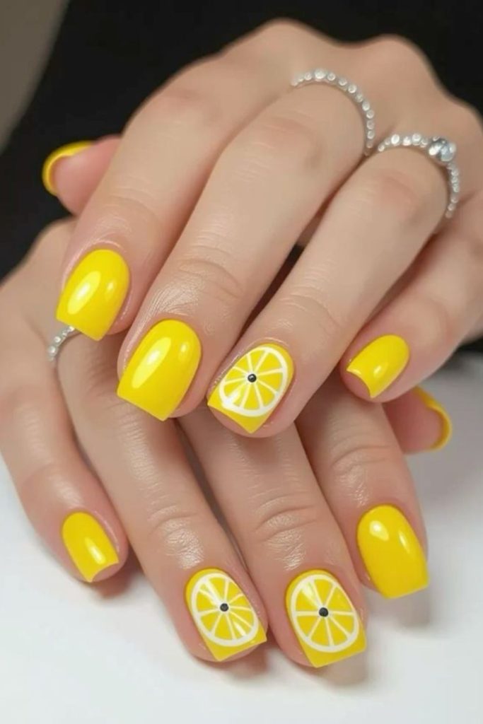 Fiery lemon nails with spark accents bold glowing energetic summer statement look.