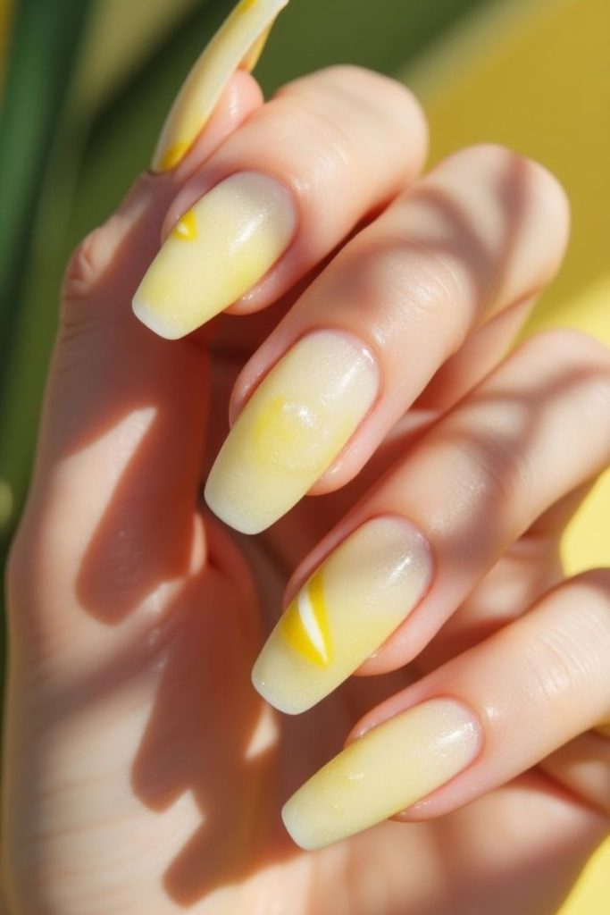 Frosty lemon nails with crystal shimmer icy bright elegant winter citrus glow.
